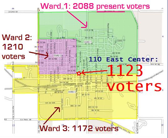Map of voter registration by ward in Madison, South Dakota, including registration at MyDakotaAddress.com, RV mail-forwarding service