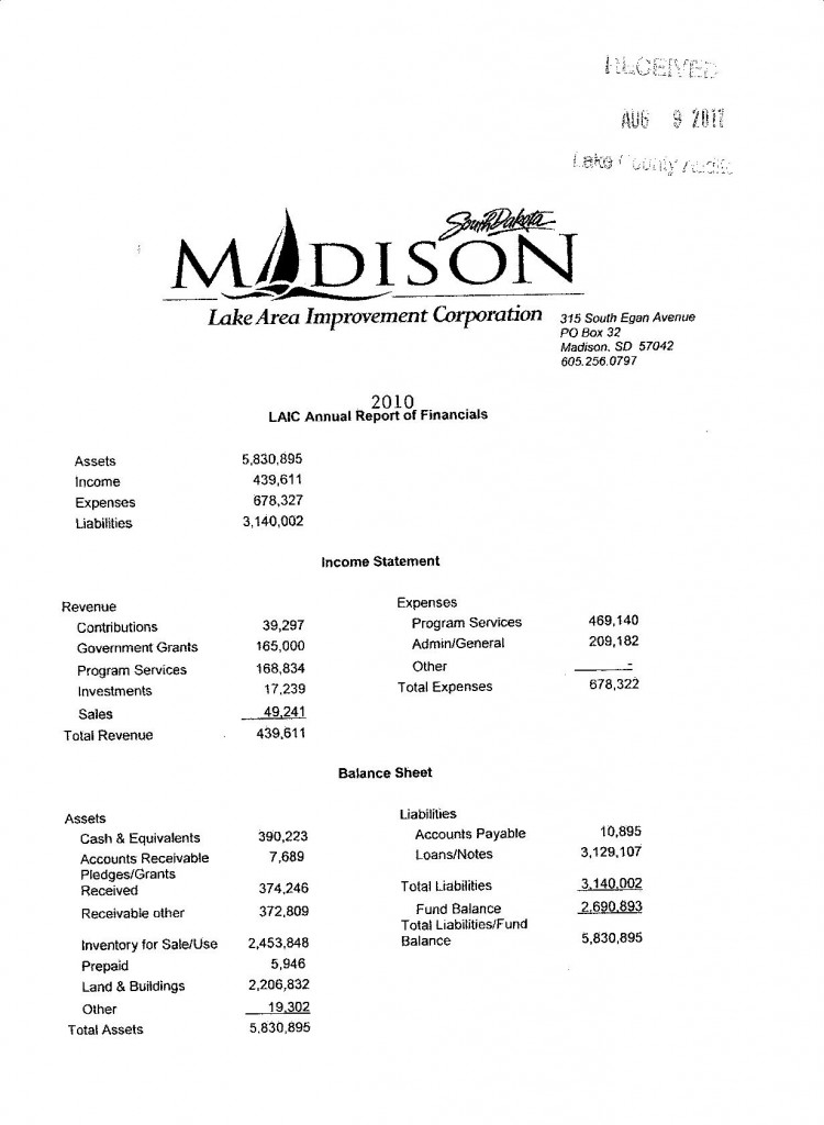 Lake Area Improvement Corporation 2010 financial report, in support of $30,000 subsidy request to Lake County Commission; received by Lake County Auditor August 9, 2011