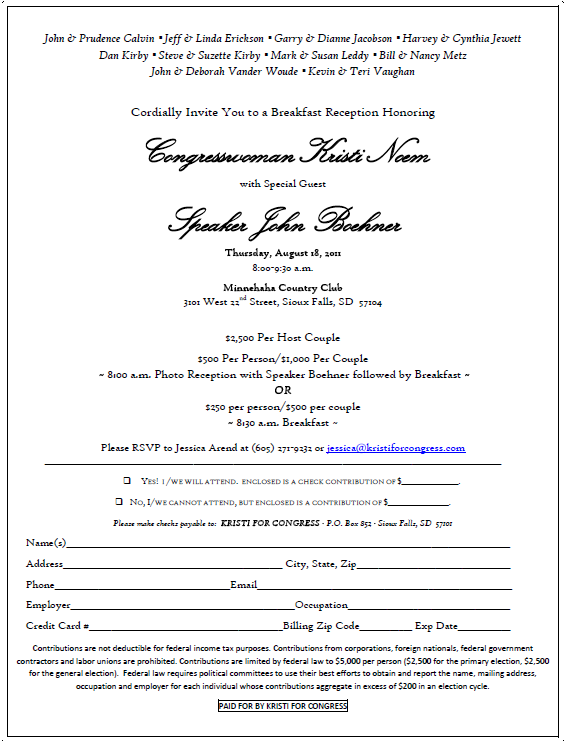 Kristi Noem and John Boehner | Breakfast Reception Invitation | Minnehaha Country Club | Thursday, August 18, 2011