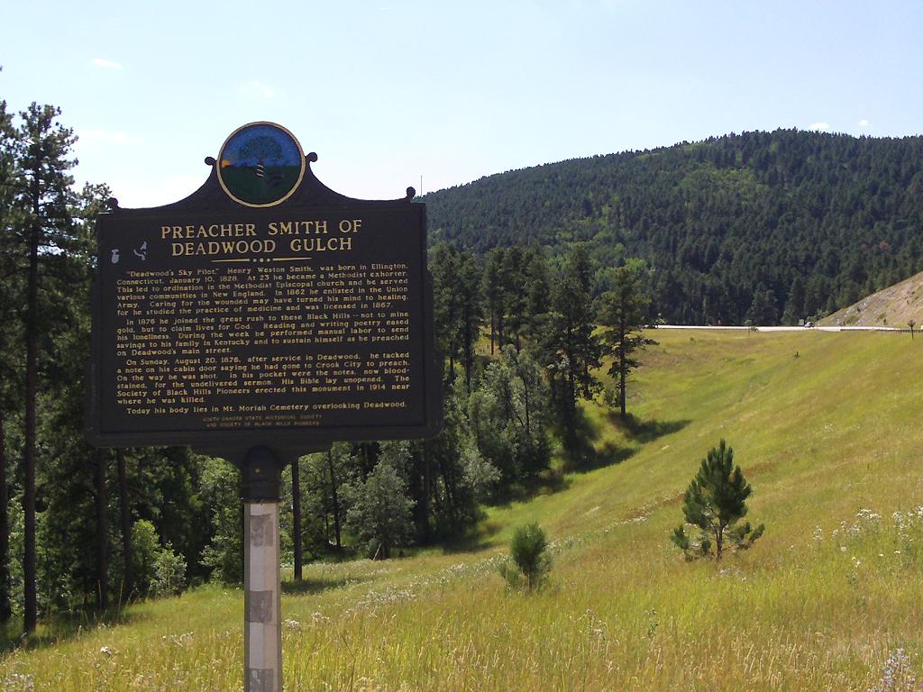 Historical marker for Preacher Smith, Highway 85, north of Deadwood, Black Hills, South Dakota, 2011.09.11