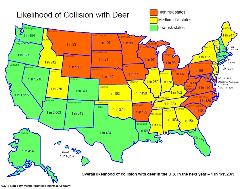 Vehicular Collisions with Deer by state, July 1, 2010--June 30, 2011