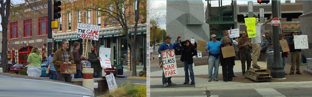 Two photos of protesters at opposite corners of 6th and Main, Occupy Rapid City, October 22, 2011