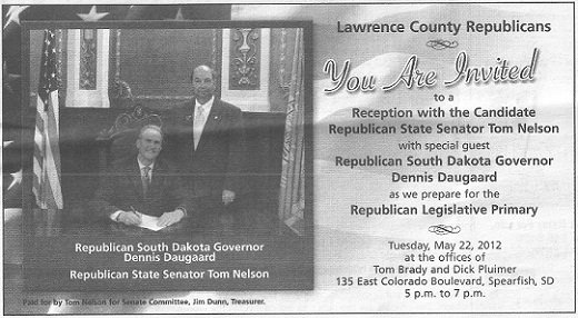 Pre-Primary Reception for Senator Tom Nelson, with special guest Governor Dennis Daugaard, Spearfish, May 22, 2012