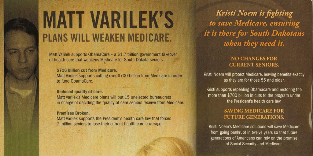 Postcard from Rep. Kristi Noem lying about Matt Varilek, Medicare, and Social Security