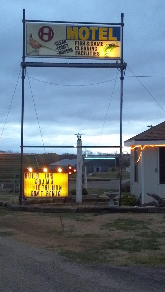 Circle H Motel displays sign telling voters "Don't Renig" -- Lake Andes, South Dakota