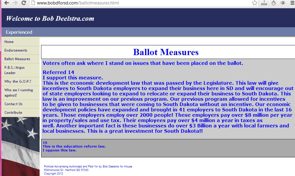 Screen Cap, Bob Deelstra campaign website, 2012.10.23