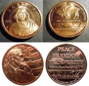 "Two" copper coins from Free Lakota Bank and RonPaul2012.tv