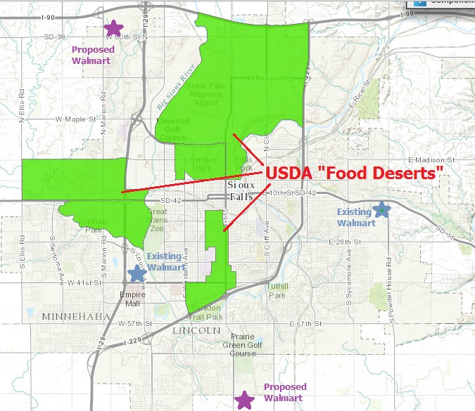 Mapping of current and proposed Walmarts with USDA food deserts in Sioux Falls, South Dakota
