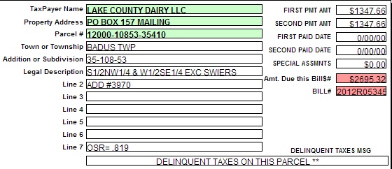 Property tax record, Lake County online database; screen caps taken 2013.04.15 18:00 MDT