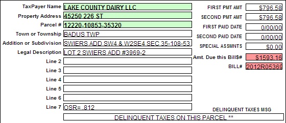 Property tax record, Lake County online database; screen caps taken 2013.04.15 18:00 MDT 