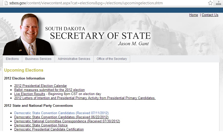 Upcoming Elections webpage, South Dakota Secretary of State, screenshot, 2013.04.08