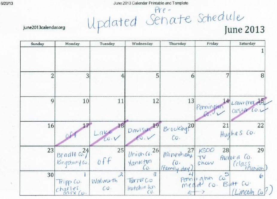 Bosworth for Senate schedule of June 2013 campaign events