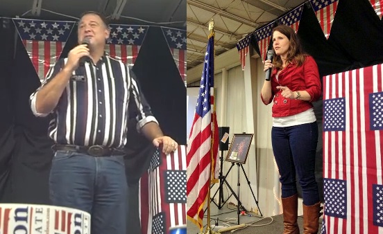 Rep. Stace Nelson and Annette Bosworth in jeans at Lincoln County GOP dinner, 2013.09.21. (Nelson pic from YouTube; Bosworth pic from Dusty Johnson's Twitter.