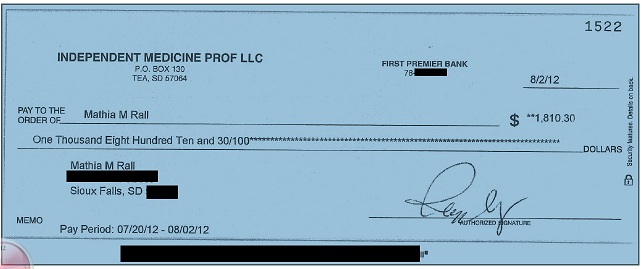 Paycheck from Independent Medicine Prof LLC, signed by Peggy Craig, to Mathia Rall, then-executive director of Preventive Health Strategies