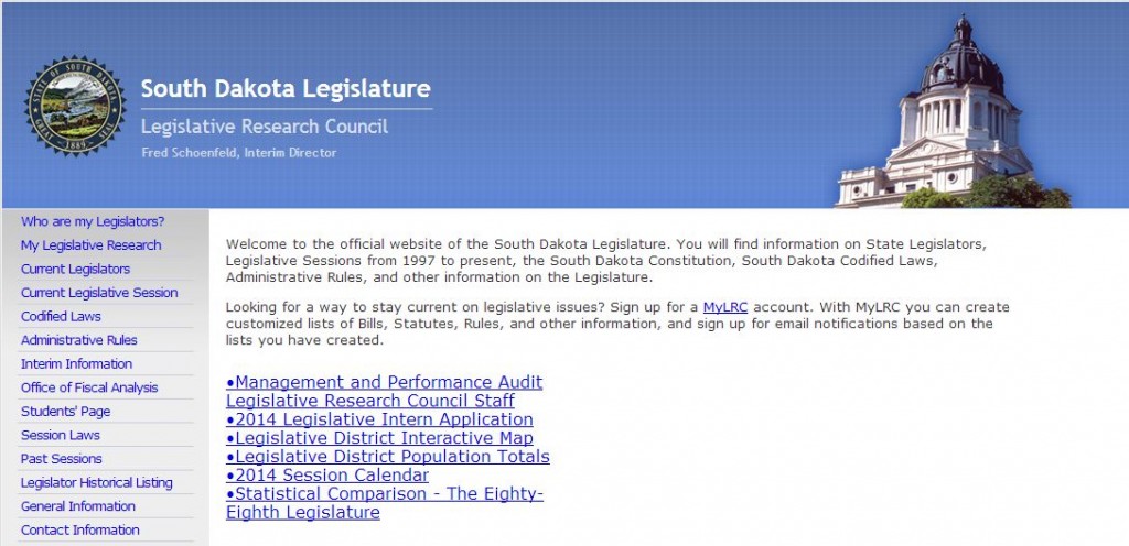 South Dakota Legislature home page, archived Nov. 4, 2013