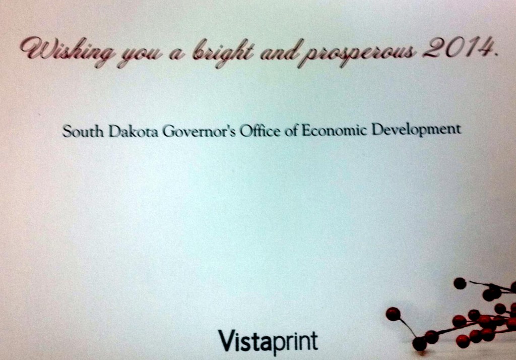 Holiday card from South Dakota Governor's Office of Economic Development, produced by Netherlands-based Vistaprint, December 2013.