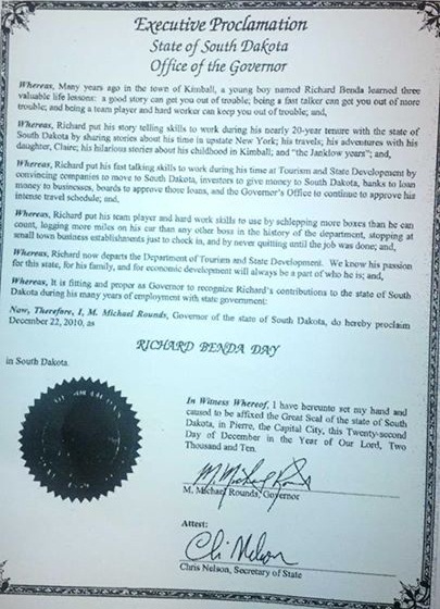M. Michael Rounds proclaims December 22, 2010, "Richard Benda Day" in South Dakota.