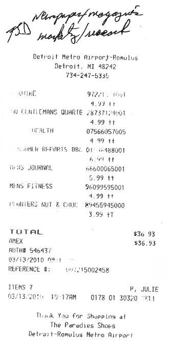 March 13, 2010, receipt submitted to state of South Dakota by Richard Benda for marketing/research reimbursement May 12, 2010