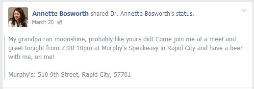 Annette Bosworth Facebook invitation to free beer, 2014.03.20