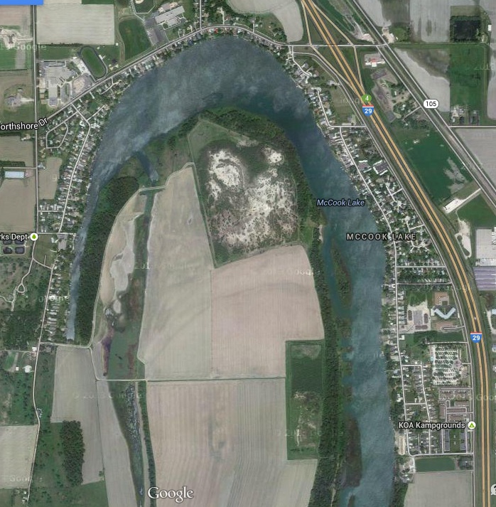 McCook Lake, next to I-29 Exit 4, South Dakota. From Google Maps.