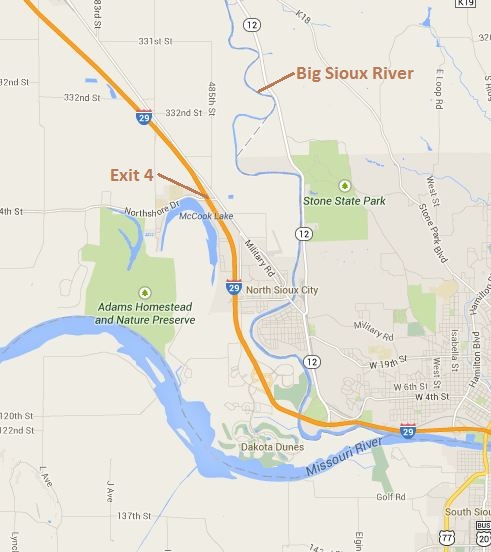 Confluence of Big Sioux and Missouri rivers, North Sioux City, South Dakota. From Google Maps