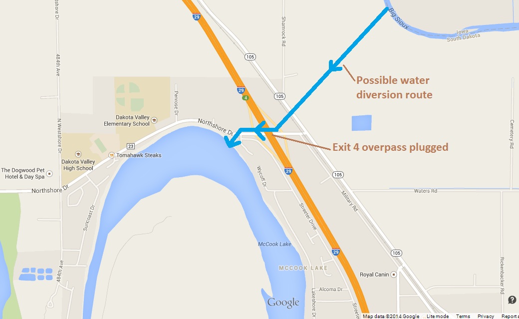 Projected route of water diversion from Big Sioux River to Missouri River across I-29 Exit 4 via McCook Lake. Modified from Google Maps.
