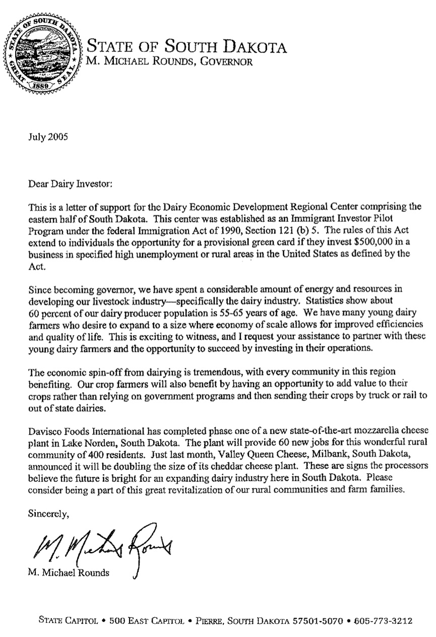 Governor M. Michael Rounds, EB-5 investor recruitment letter, July 2005